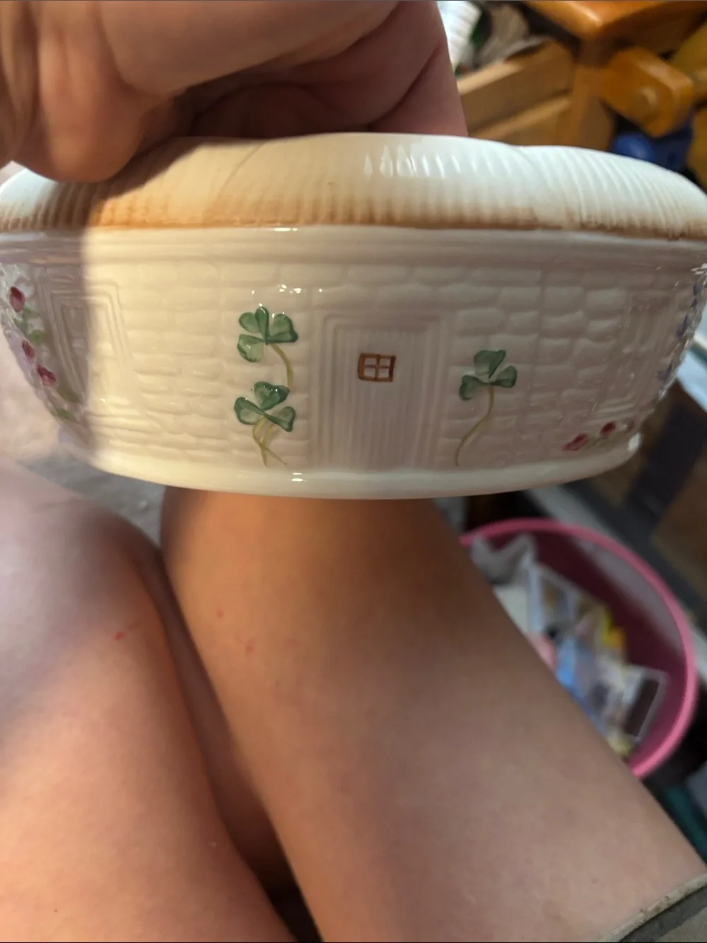 Belleek Ireland Shamrock cottage covered casserole dish Round Basket weave.